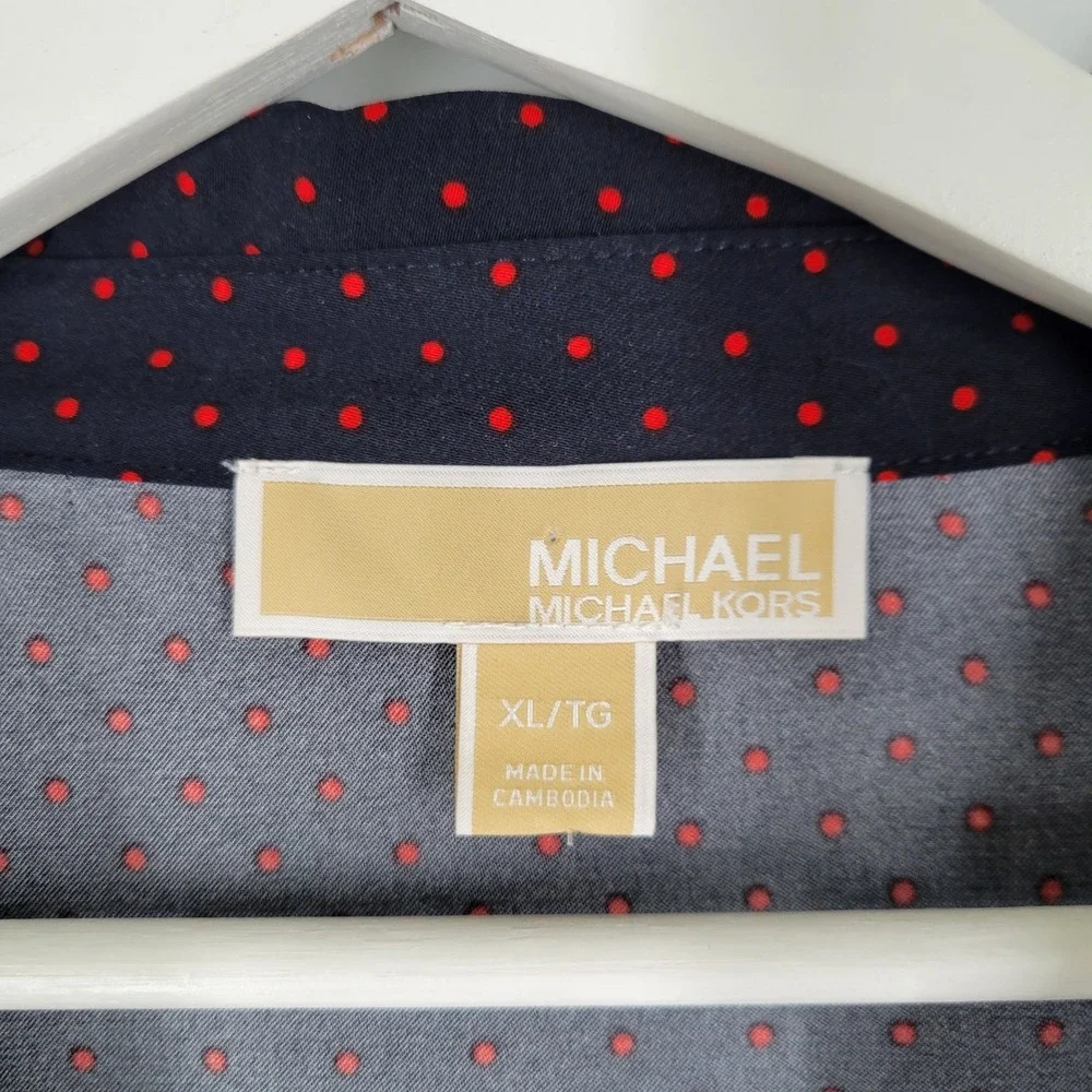 MICHAEL KORS Navy Red Polka Dot Button Front Roll‎ Tab Sleeve Blouse XL